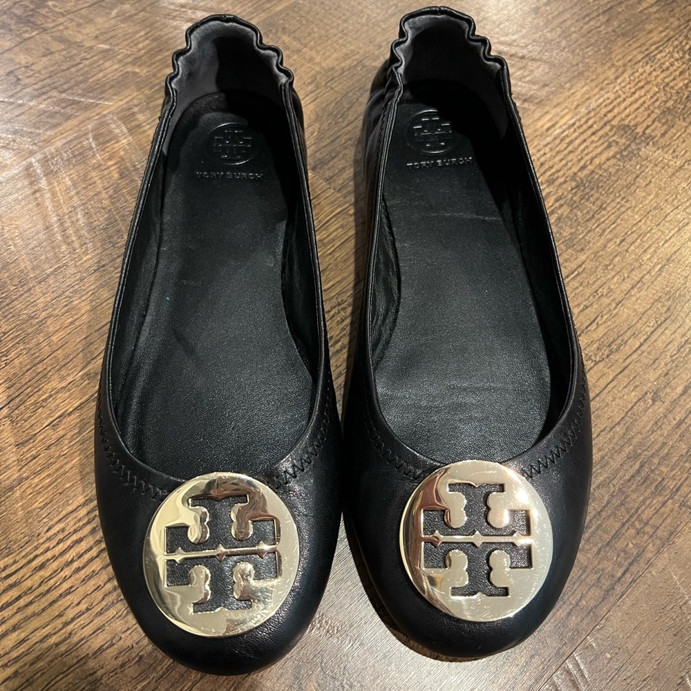 Tory Burch Black Flats with Gold Logo